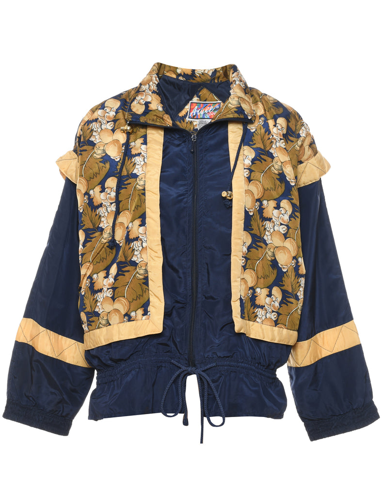 Navy Leafy Print Zip-Front Nylon Jacket - S