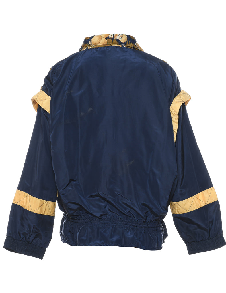 Navy Leafy Print Zip-Front Nylon Jacket - S