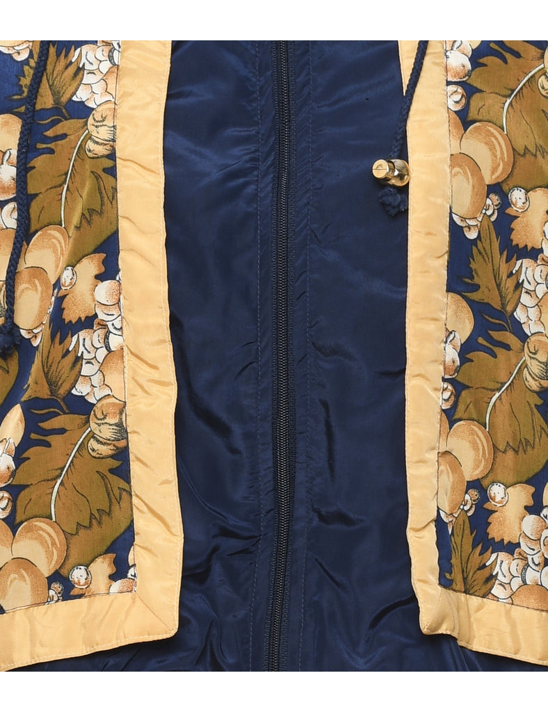 Navy Leafy Print Zip-Front Nylon Jacket - S