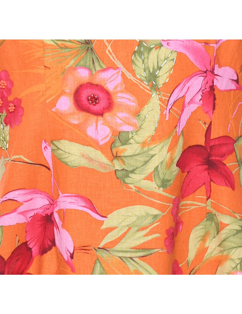 Orange & Pink Floral Patterned Sleeveless Dress - M