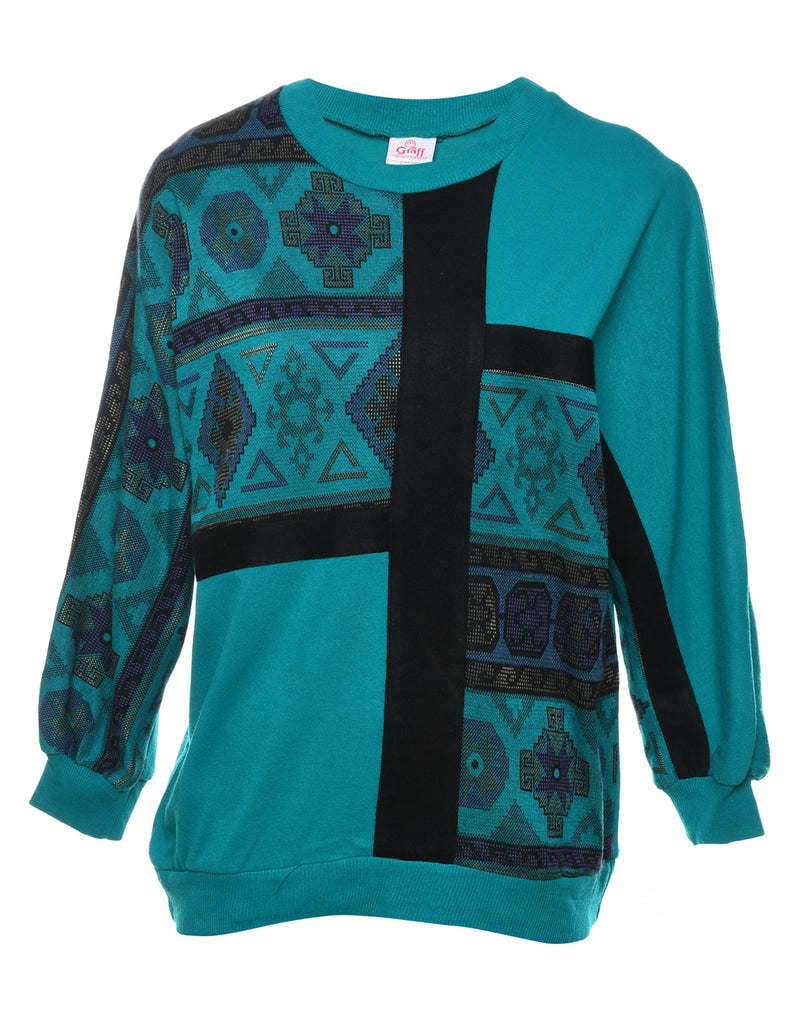 Patterned Turquoise 1980s Jumper - M
