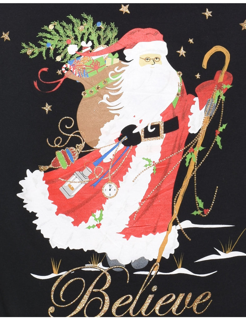 Santa Claus Design Black Printed Christmas Sweatshirt - L
