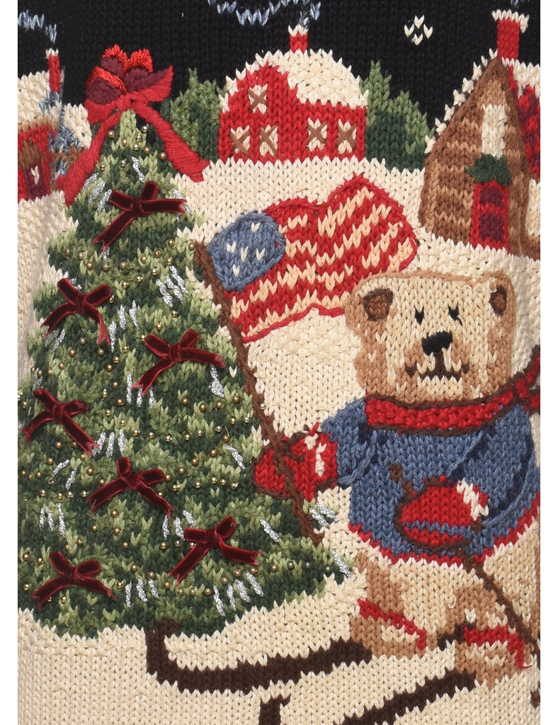 Teddy Bear Print Christmas Jumper - L