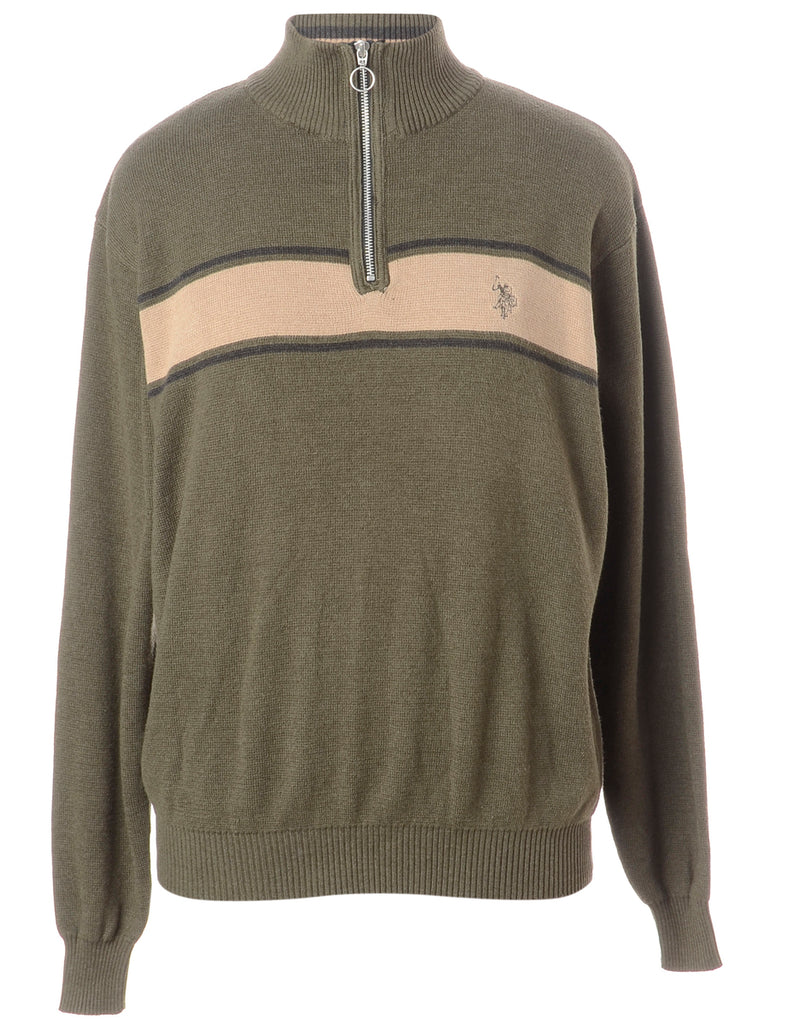 Beyond Retro Label Label Olive Green Zip Front Knitted Jumper