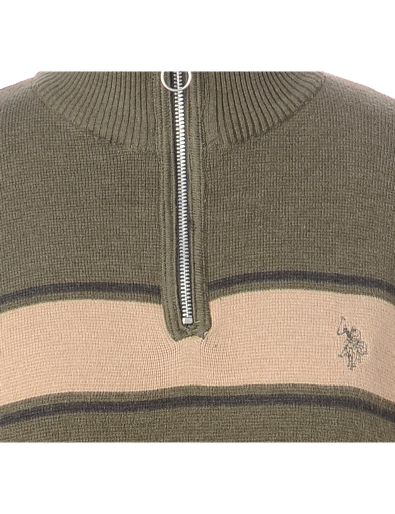 Beyond Retro Label Label Olive Green Zip Front Knitted Jumper